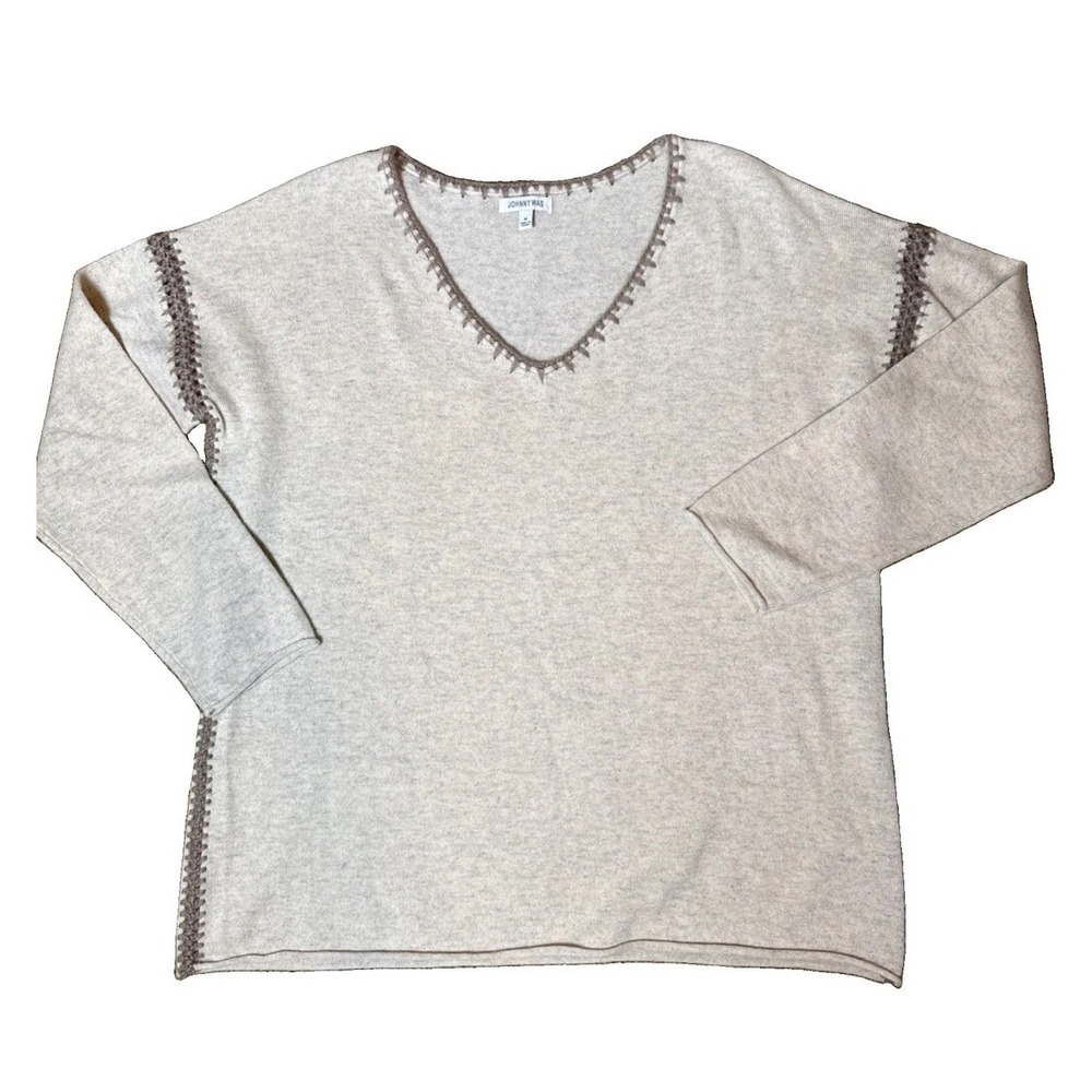 Johnny Was 100% Cashmere V-Neck Sweater Oatmeal Whipstitch Women's Medium Boho